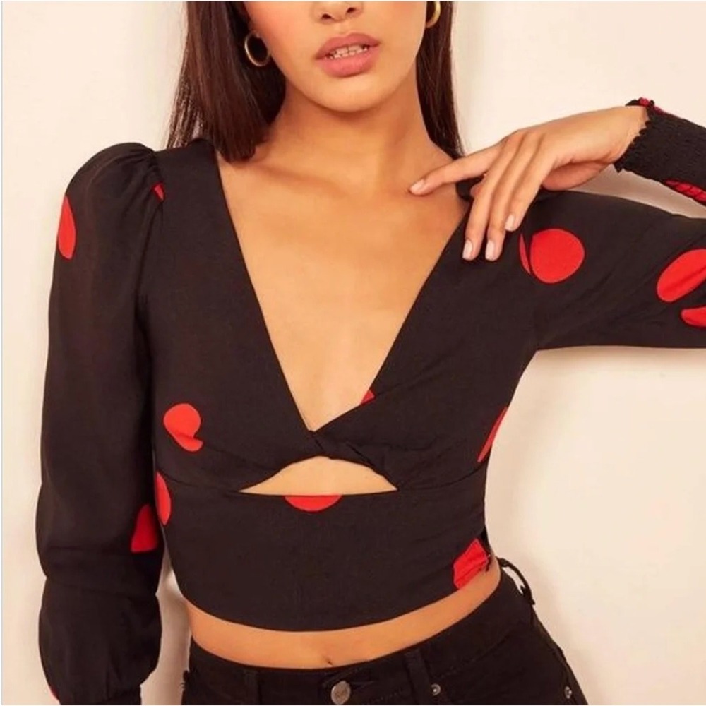 Reformation Marais Black Red Polka Dot Cropped Twist Front Blouse Womens 4 EUC